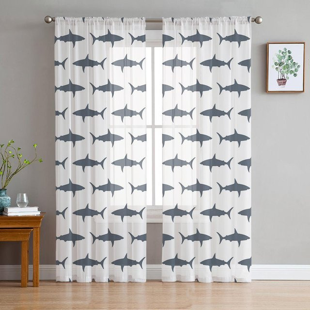 Transparente Tüll-Vorhänge mit Hai-Motiv in Grau und Weiß aus Organza, Breite: 135 cm, Höhe: 115 cm - Bild 1