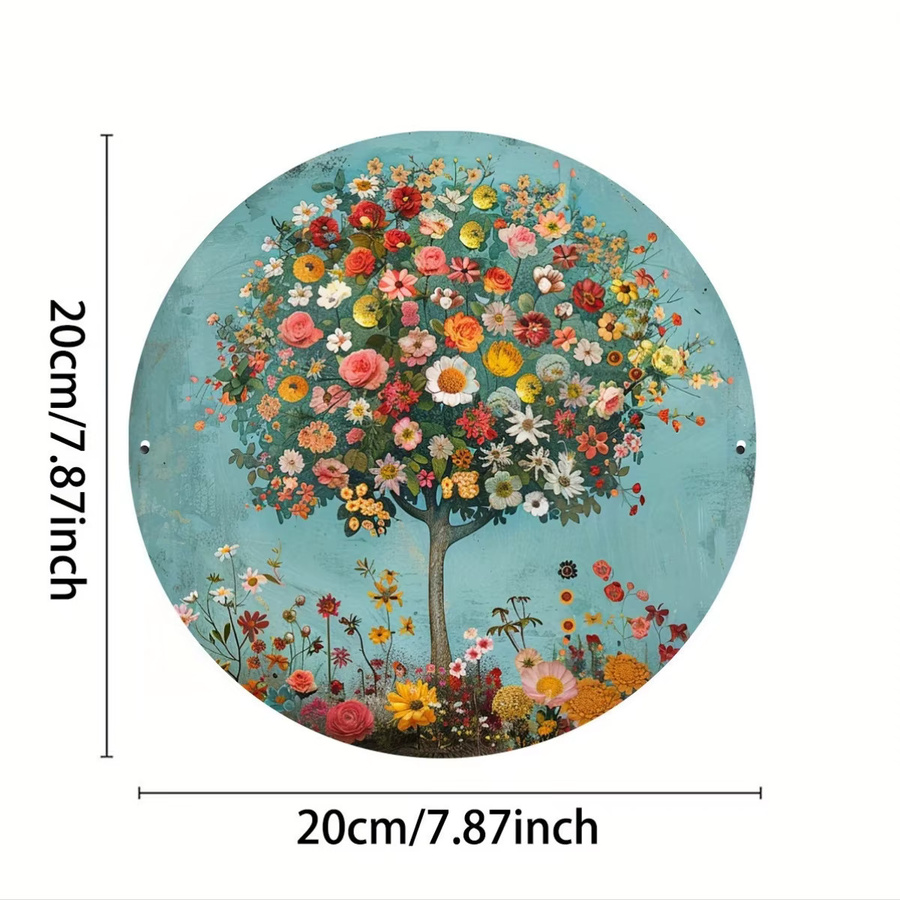 Potdemiel Vintage-Blumenbaum des Lebens Metall-Wanddekoration, rundes Eisenschild mit floralem Design in Mehrfarbig und Grün, Durchmesser: 20 cm - Bild 3