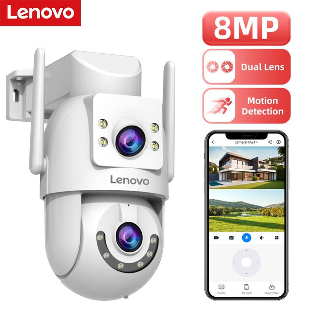 Lenovo WLAN PTZ Sicherheitskamera mit 8MP Dual-Screen Farbnachtsicht, Auto-Tracking und IP-Außenüberwachung in Weiß - Bild 1