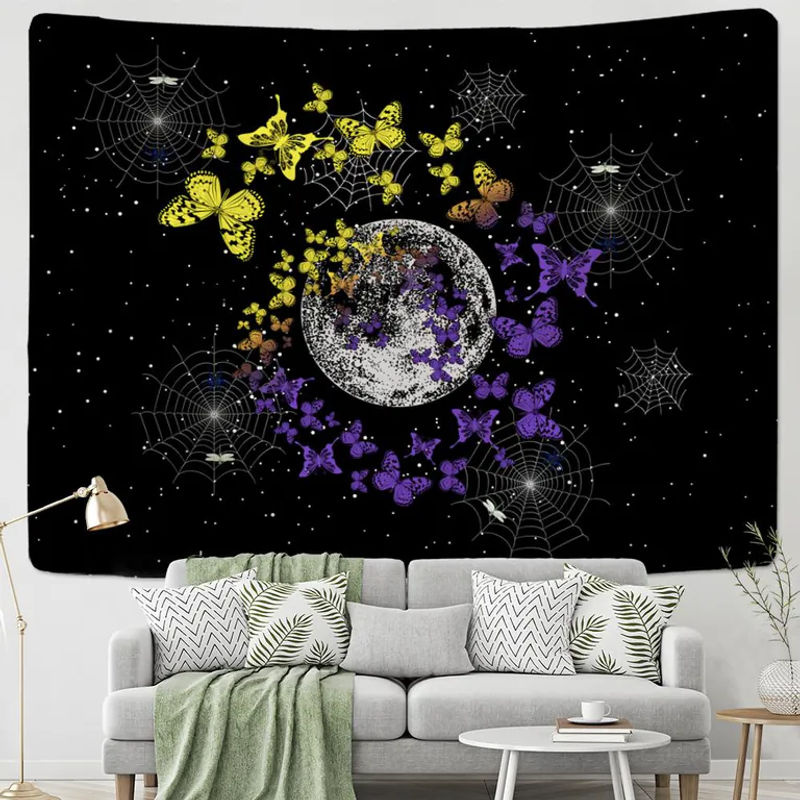 Super Six Wandbehang im Bohemian Stil mit Mond, Sternen und Schmetterlingen, Schwarz, B: 95 cm, H: 70 cm - Bild 3