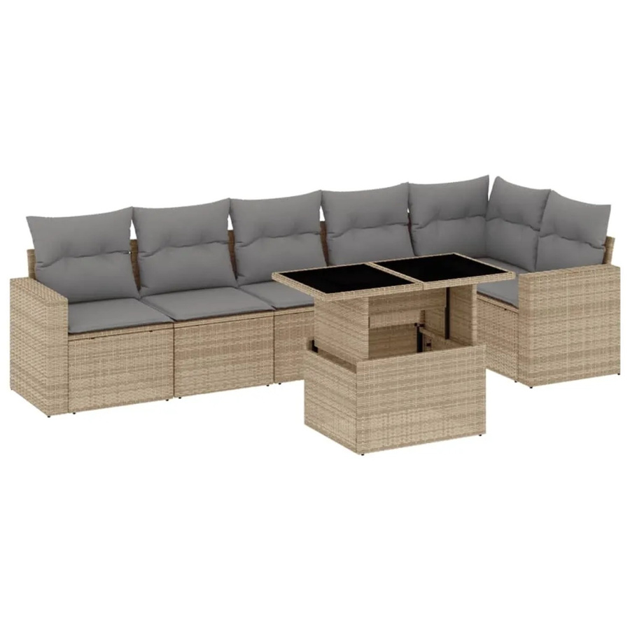vidaXL 7-tlg Garten-Sofagarnitur in L-Form aus beigem Poly-Rattan mit Kissen und pulverbeschichtetem Stahlgestell - Bild 2