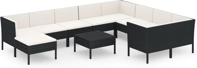 vidaXL 11-tlg. Garten-Lounge-Set in U-Form aus Poly Rattan und pulverbeschichtetem Stahl mit Auflagen in Schwarz - Bild 1