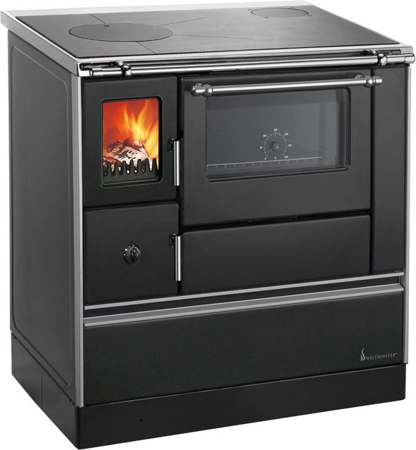 Westminster Holzherd K76F-90 Schwarz mit Backfach Rechts, Heizleistung 7,6 kW, B/T/H: 90 x 60 x 85 cm - Bild 1