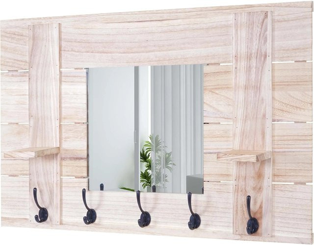 Wandgarderobe MCW C89 mit Spiegel und 5 Haken aus Paulowniaholz im Shabby-Look Vintage, Farbe: Braun, B/H: 90 x 60 cm - Bild 2