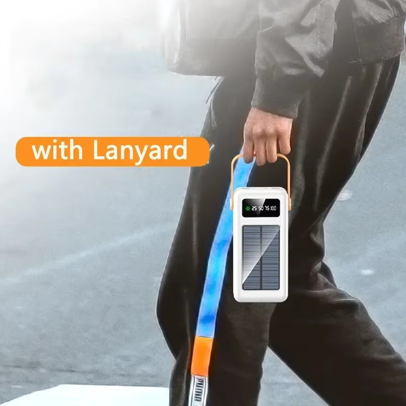 ROMOSS Solar-Powerbank mit 30000mAh Kapazität, schnelles Aufladen, integrierte 4 Kabel und LED-Licht, Farbe: Schwarz - Bild 5