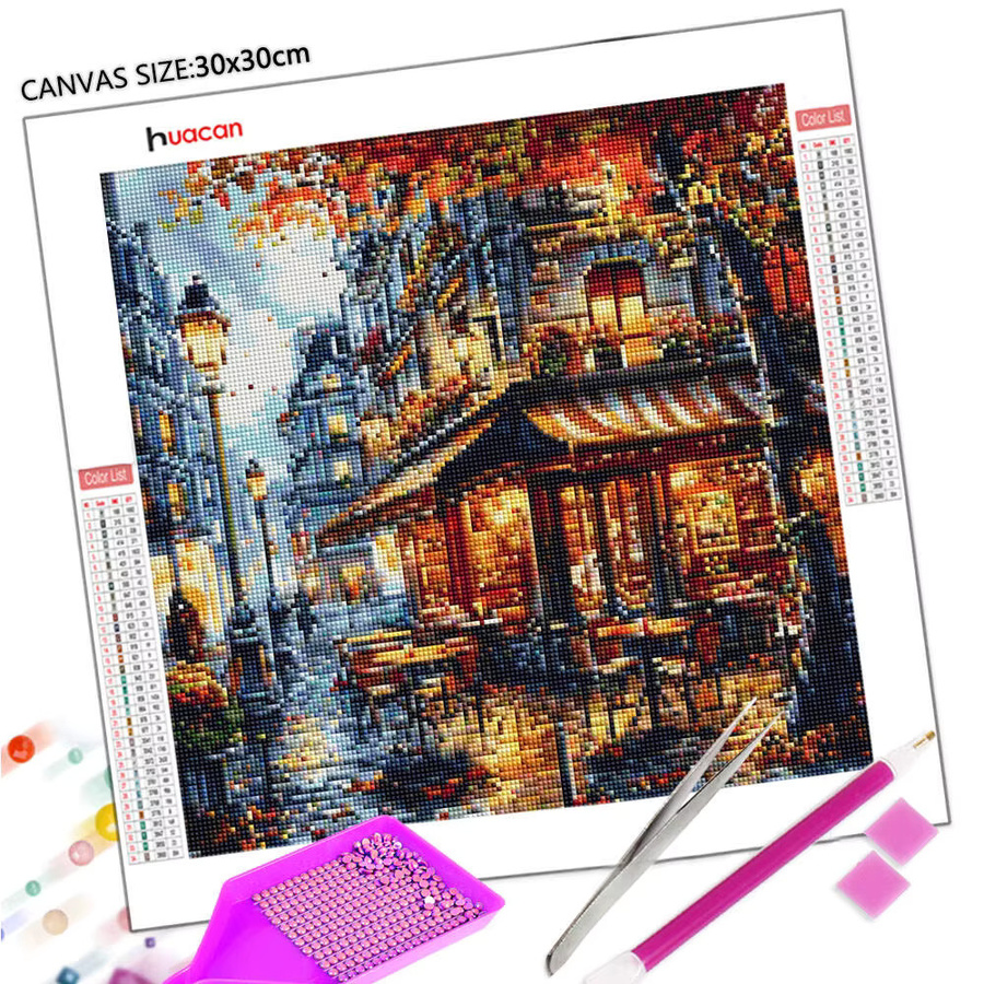 Huacan Diamant-Malerei Motiv Straßenlandschaft mit Haus in Herbstfarben, Multicolour, B/H: 20 x 20 cm - Bild 2
