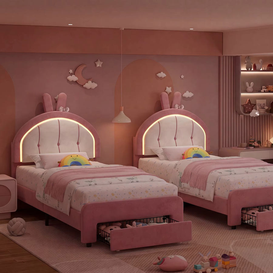 Simurq Gepolstertes Kinderbett Prinzessinnenbett aus Samt in Rosa mit verstellbarem Kopfteil und Lattenrost, B/T/H: 90 x 200 cm - Bild 4