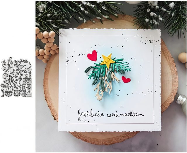 Metall-Stanzformen Set für Scrapbooking und Weihnachtskarten mit Motiven wie Mini-Stern, Stechpalme, Tannenzapfen und Schneeflocken in Silber - Bild 1