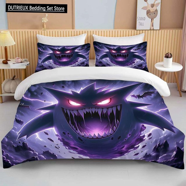 Pokemon Gengar Bettwäsche-Set mit Cartoon Anime Aufdruck in Lila, bestehend aus Bettbezug und Kissenbezug, B/H: 140 x 210 cm - Bild 1