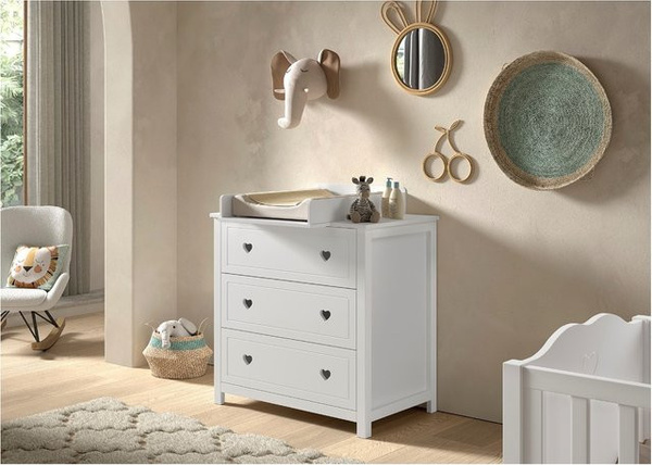 AMORI 2-tlg Set für das Babyzimmer bestehend aus einer weiß lackierten Kommode mit 3 Schubladen und einem Wickelaufsatz