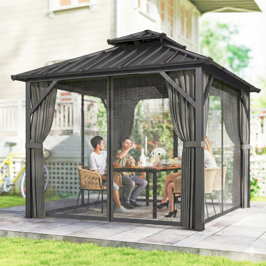 Outsunny Pavillon mit Aluminium-Rahmen und Doppel-Stahlblech-Dach in Grau, B/T: 300 x 300 cm, UPF50+ mit Vorhängen und Moskitonetzen - Bild 2