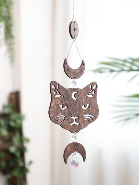 Artilady Wandbehang aus Holz mit Katzen-Design und Mondphasen im Boho Mystic Stil - Bild 1