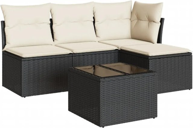 vidaXL 5-tlg Garten-Sofagarnitur in L-Form aus Poly-Rattan und pulverbeschichtetem Stahl mit Kissen in Schwarz - Bild 1