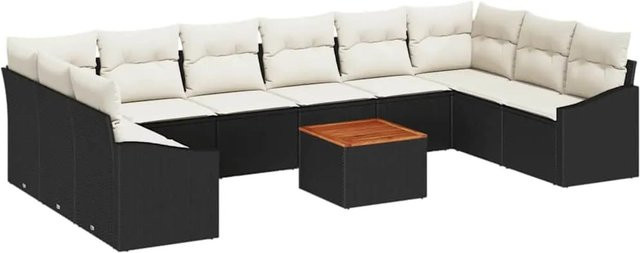 vidaXL Garten-Sofa-Set 11-teilig in Schwarz-Weiß mit Polstern und Stauraumfunktion, modernes U-Shape Lounge-Set aus PE-Rattan und pulverbeschichtetem Stahl - Bild 1