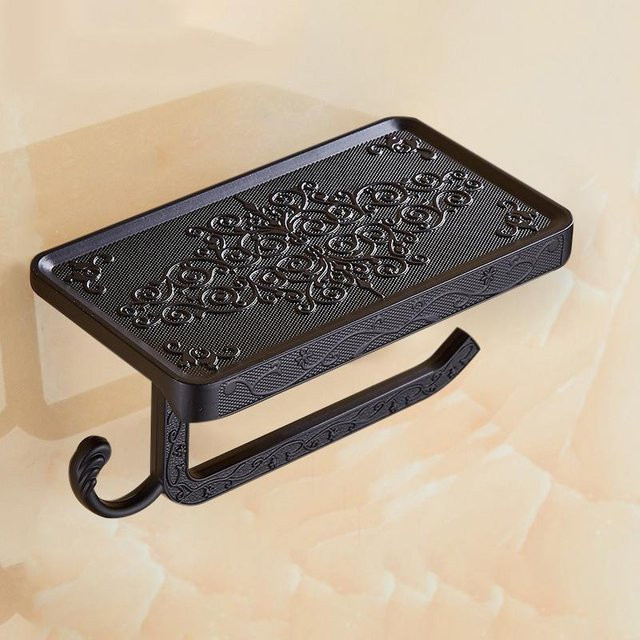 SEEQS Badezimmerregal mit antikem Toilettenpapierhalter und Telefonablage aus Bronze und Gold mit Schnitzereien, Wandmontage, E654 - Bild 1