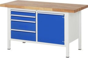 RAU Werkbank Serie 8470 mit 4 Schubladen und 1 Tür, B/T/H: 150 x 70 x 84 cm, Grau/Blau - Bild 1