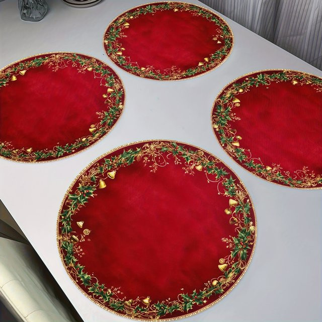 VIKAMA Weihnachtliche Tischmatte mit rotem Untergrund und goldenem Glocken- sowie Holly-Blatt-Design für deine Weihnachtsdekoration - Bild 1