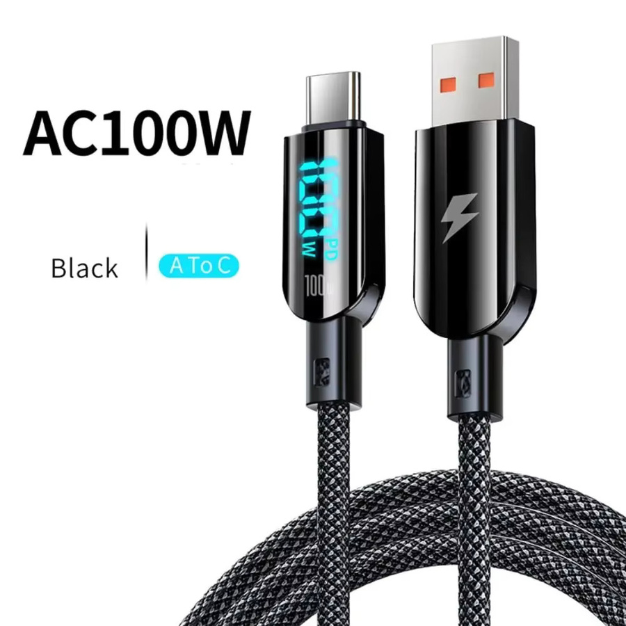 100W USB-C auf USB-C Ladekabel mit LED-Digitalanzeige und PD-Schnellladung, geflochtenes Datenkabel in Schwarz - Bild 4