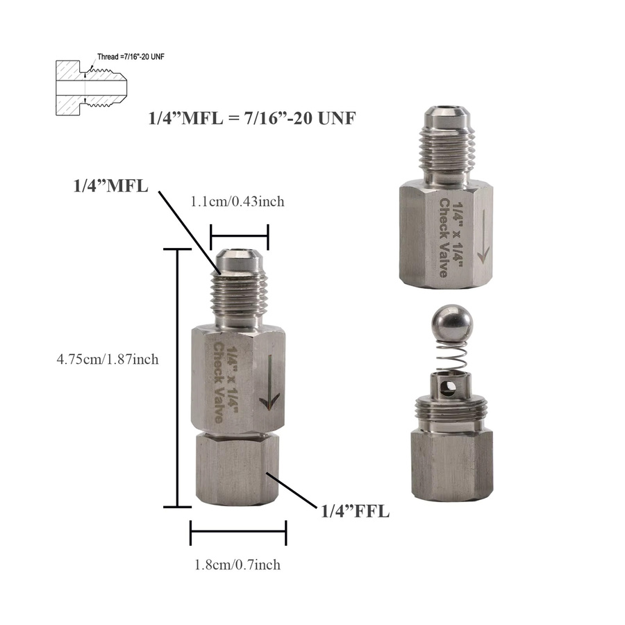 Brew Shark Edelstahl MFL Gas Rückschlagventil mit 1/4" FFL Auslass und 1/4" MFL Einlass für Homebrew Mini Co2 Regler und Verteiler - Bild 2