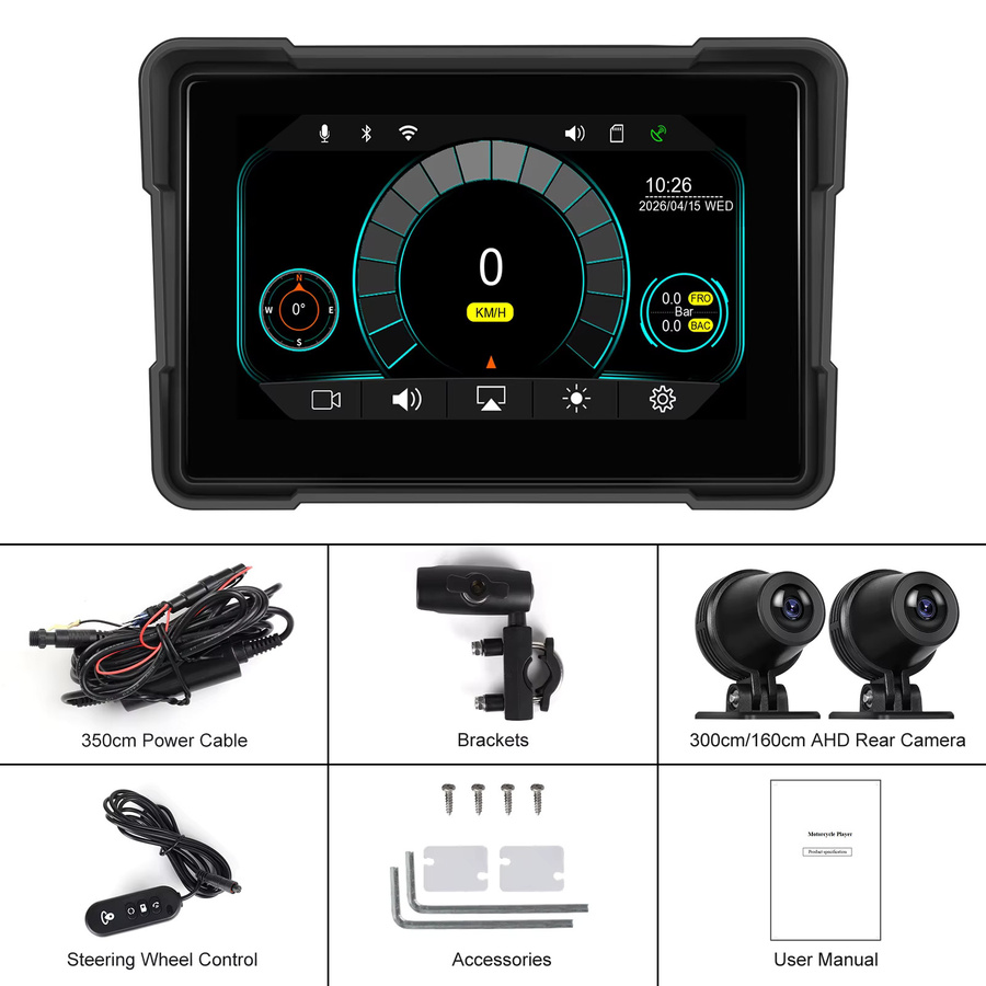 Podofo 5-Zoll Tragbarer Motorrad-Smart-Player mit Wireless CarPlay und Android Auto, IP68 Wasserdichte Digitale Motorrad-Navigation in Schwarz mit 2 Kameras und TPMS-Unterstützung - Bild 6