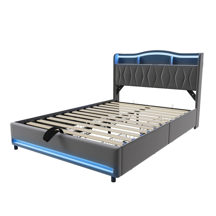 PXloue Polsterbett aus Samt mit LED-Beleuchtung und USB-Anschluss in Grau, B/T/H: 160 x 200 x 110,5 cm - Bild 2