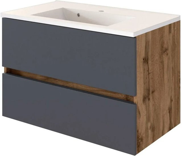 Held Möbel Einzelwaschtisch Bari in Eiche Grau mit Mineralguss-Waschbecken und Softclose, Breite: 80 cm - Bild 1