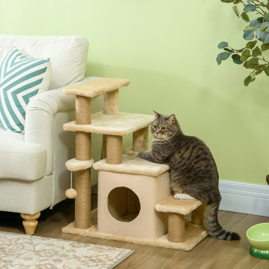 PawHut Haustiertreppe mit integrierter Schlafhöhle 2 in 1, höhenverstellbare Hunderampe und Katzentreppe für Sofa und Bett, Beige, B/T/H: 60 x 40 x 66 cm, Aosom - Bild 1