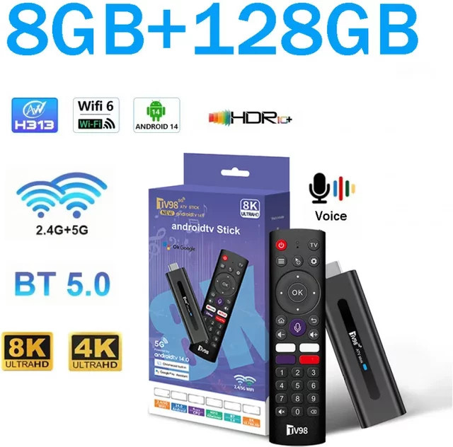 TV98 ATV Stick Android 14 mit Allwinner H313 Quad Core, 8GB RAM, 128GB Speicher, Dual WLAN 4G/5G, Bluetooth 5.0 und Sprachfernbedienung, HD 8K 4K @60fps, Schwarz - Bild 1
