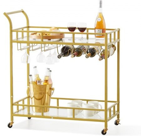 VEVOR Servierwagen Barwagen Gold mit 2 Ebenen aus Stahl und gehärtetem Glas, Rollbarer Alkoholwagen mit Rollen und Weinregal für Küche und Wohnzimmer, B/T/H: 76,7 x 93,0 x 38,0 cm - Bild 1