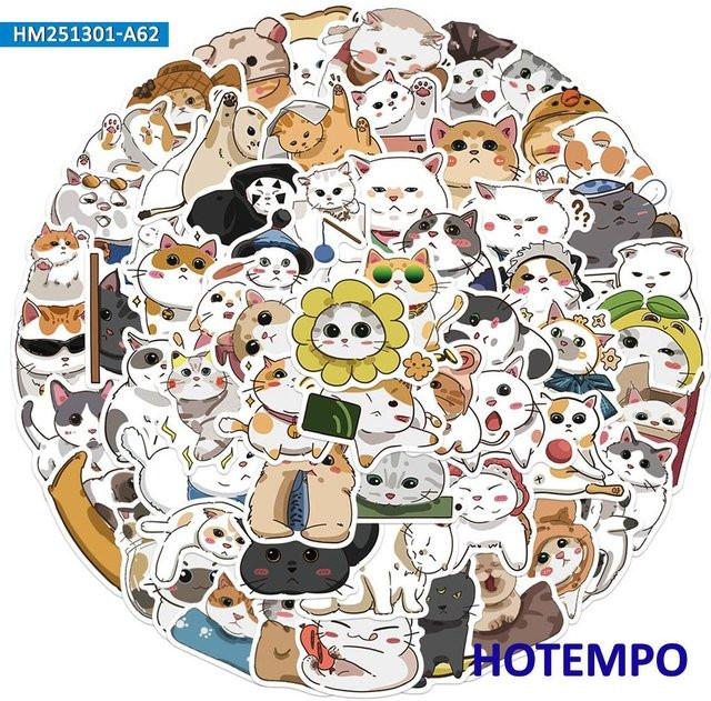 Binchi Outdoor Product Katzen Aufkleber Set im niedlichen Cartoon-Stil für Laptop, Auto und Handy, 60 Stück, Mehrfarbig - Bild 1
