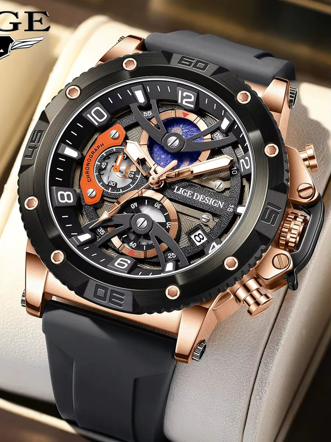 LIGE Armbanduhr Chronograph, Quarz, Silikon, Schwarz, Herren - Bild 6