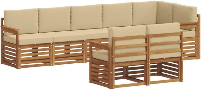 vidaXL Sofagarnitur 8-teilig aus Akazie Massivholz in Natur und Beige, L-Form mit Polsterung und Kissen - Bild 1