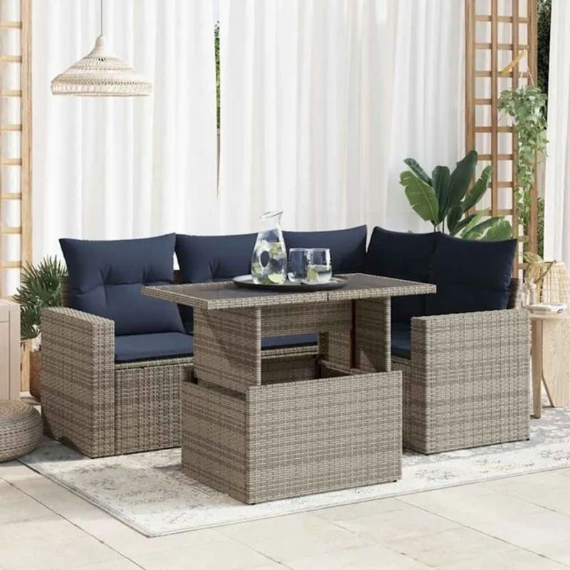 5-tlg. Garten-Sofagarnitur aus Poly-Rattan und Akazienholz mit Kissen in Grau von vidaxl - Bild 1