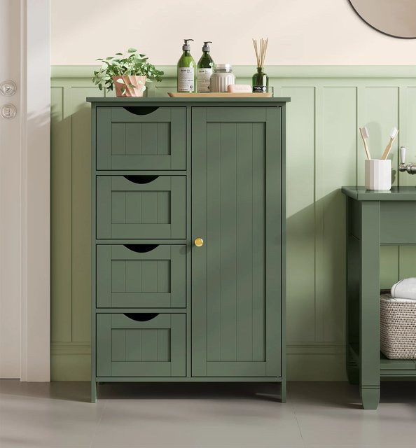 VASAGLE Badezimmerschrank als schmaler Badschrank und Kommode mit 4 Schubladen, Schranktür und verstellbarer Ablage in Blau oder Grün - Bild 1