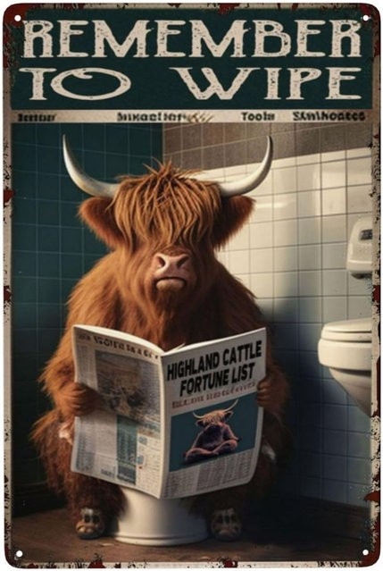 ZHIQUN Blechposter Highland Cow Remember to Wipe Humorvolles Toilettenschild im Landhausstil, B/H: 20 x 14 cm, Mehrfarbig - Bild 1