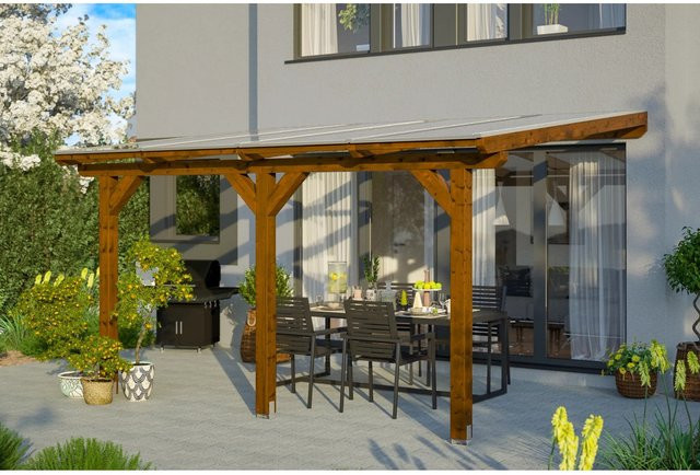 Skan Holz Terrassenüberdachung Bormio aus Leimholz in Nussbaum Braun, Breite: 434 cm, Tiefe: 250 cm - Bild 1