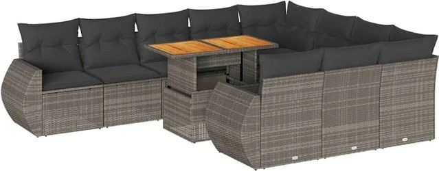 vidaXL 11-teilige Garten-Sofagarnitur aus Poly-Rattan und Akazienholz in Grau mit Kissen - Bild 1