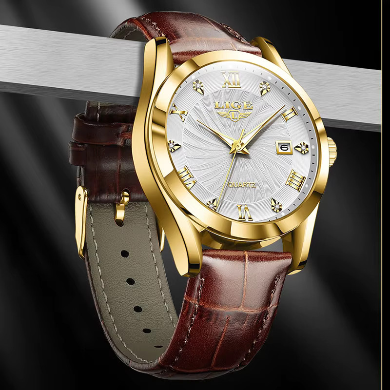 LIGE Armbanduhr, Quarz, Gold, Leder, Schwarz, Herren - Bild 2