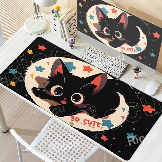 Riccu Mauspad XXL Schwarze Katze rutschfeste Gaming Mousepad für PC und Tastatur - Bild 1