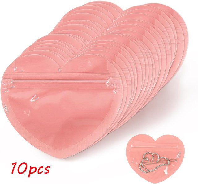 10 Stück wiederverschließbare Plastiktüten in Herzform, Pink, ideal für Süßigkeiten, Schmuck oder kleine Geschenke - Bild 1