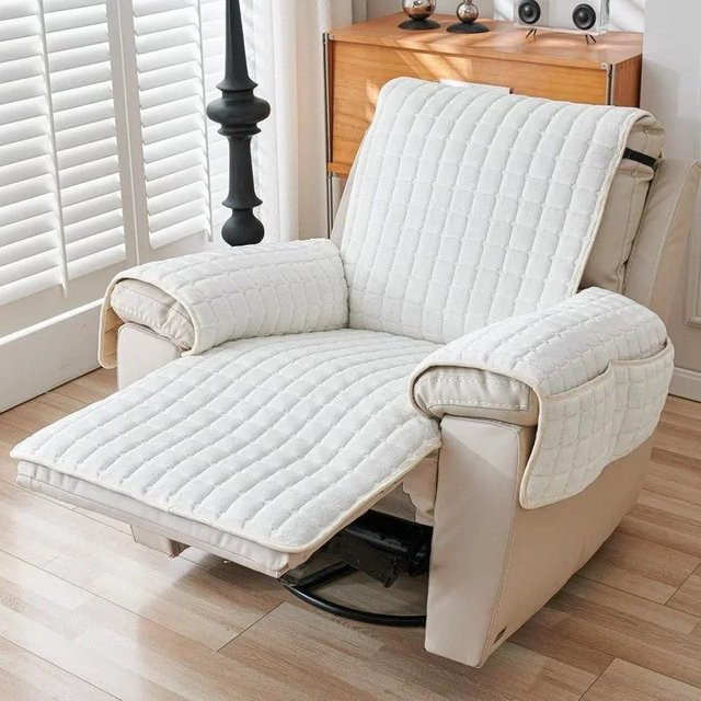 Rutschfester Sesselbezug aus warmem Plüsch mit Tasche, weißer Flanell-Einzelsofabezug für 1-Sitzer Relaxsessel, B/H: 53 x 190 cm - Bild 1
