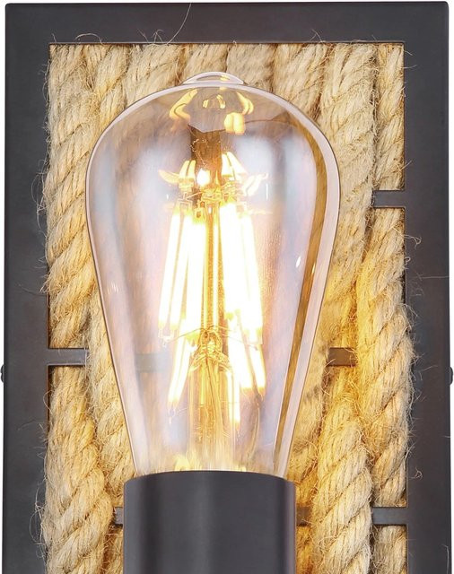 Globo Lighting Wandleuchte Halia aus Metall und Holz in Schwarz Matt mit braunem Hanf-Element - Bild 1