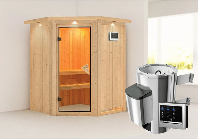 Karibu Karibu Sauna mit Ofen und externer LED-Dachkranz in Braun - Bild 1