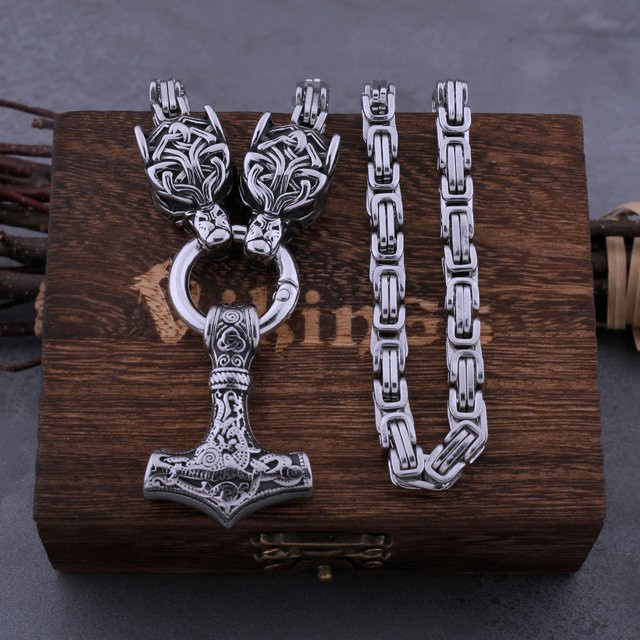 Halskette Edelstahl, Wolf Kopf, Thors Hammer, Herren - Bild 1