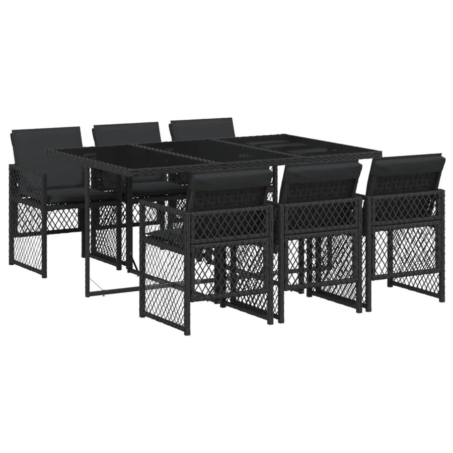 vidaXL 7-tlg Garten-Essgruppe aus Poly-Rattan mit Kissen und Hartglas, Schwarz - Bild 2