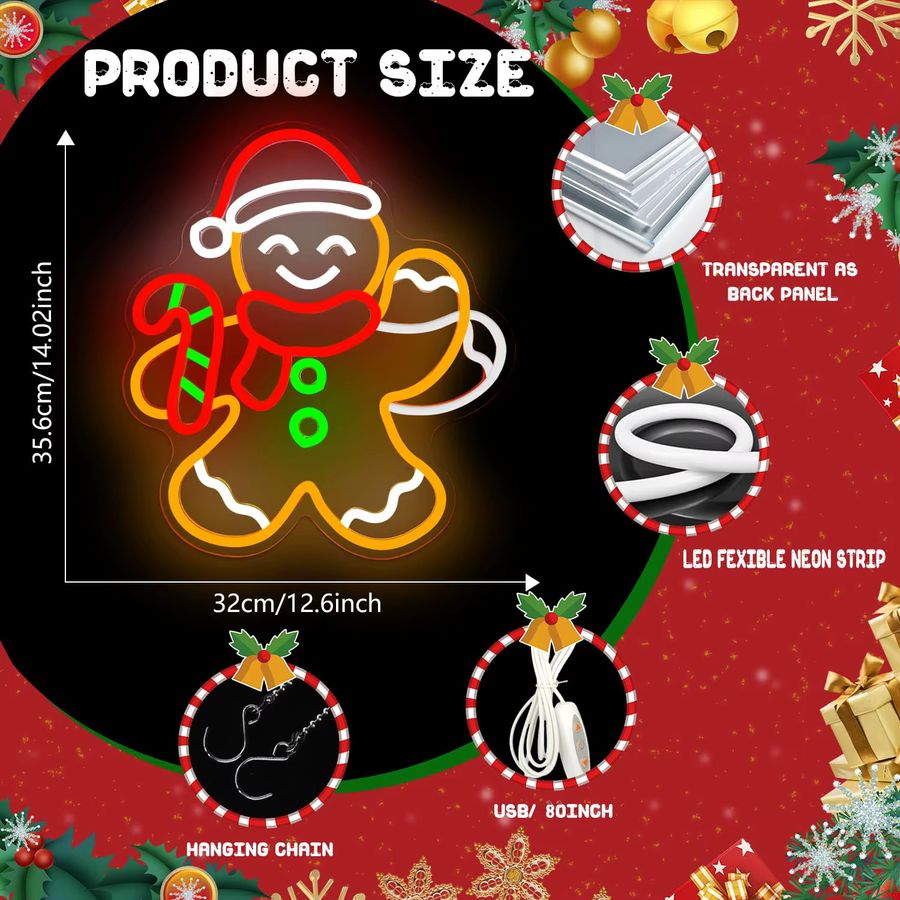 Wanxing Neonschild Winkender Lebkuchenmann als animierte Weihnachts-Wanddekoration mit Flimmer-Design und Dimmfunktion - Bild 3