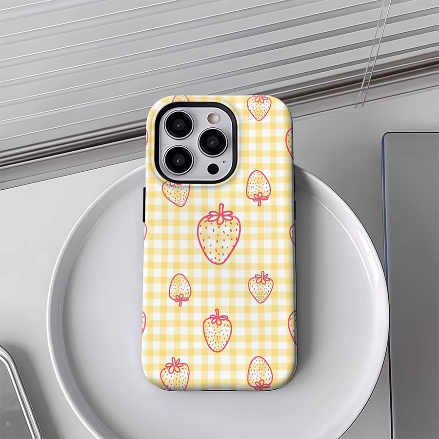 Potdemiel Handyhülle mit Erdbeer-Design in Gelb für iPhone 17 16 15 14 13 Pro Max Plus, robuste magnetische Schutzhülle mit Einzel- und Doppelschicht-Schutz - Bild 3