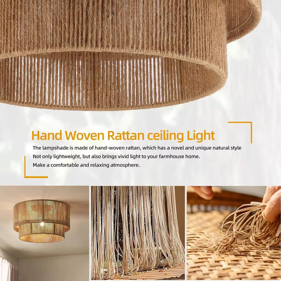 JOYINLED Boho Retro Pendelleuchte aus Rattan, 2-schichtige handgewebte Hängelampe in Schwarz, E27, Durchmesser: 45 cm - Bild 4
