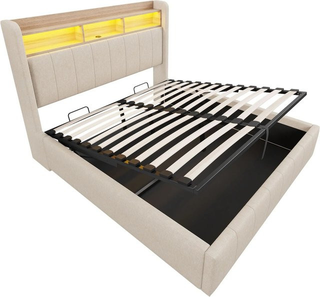 okwish Polsterbett Beige mit LED-Beleuchtung, Stauraum und USB-Anschluss, B/T/H: 140 x 200 x 111 cm - Bild 1