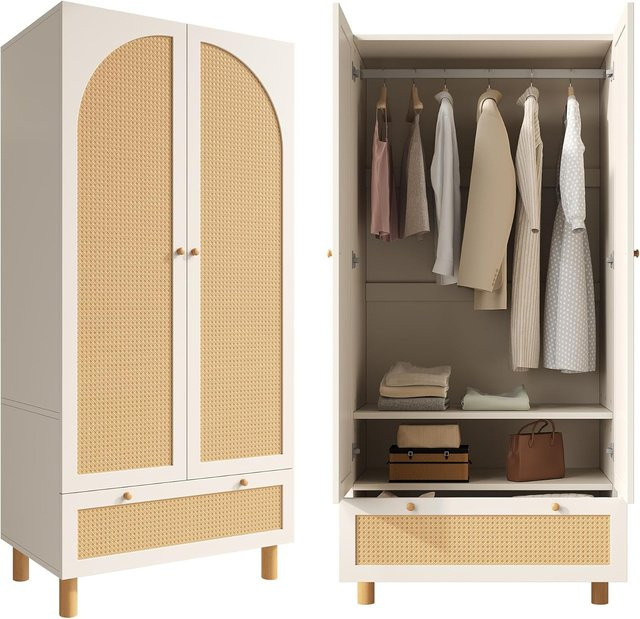 AB Store Kleiderschrank 2-türig mit Rattan-Front in Weiß, Landhausstil mit Kleiderstange, Regalen und Schubladen, B/T/H: 85,5 x 52 x 180,5 cm - Bild 1